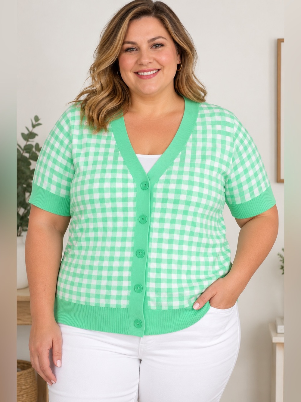 NEW Denim & Co 2X Mint Green White Gingham Check Short Sleeve Cardigan Sweater